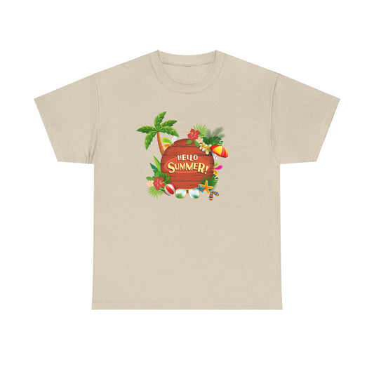 Sand Front: Tropical Bliss: Hello Summer Adventure design on a Sand Women's T-Shirt.