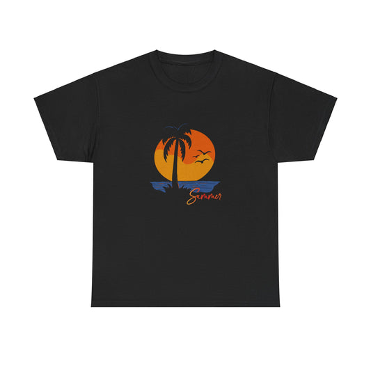 Black Front: Tropical Sunset Bliss: Embrace the Summer Vibe design on a Black Women's T-Shirt.