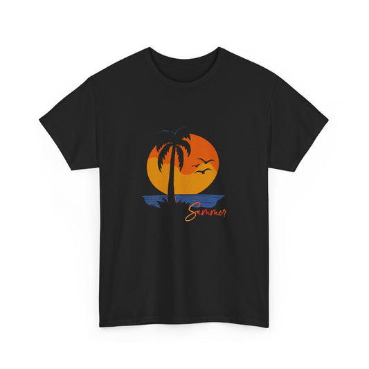 Black Front: Tropical Sunset Bliss: Embrace the Summer Vibe design on a Black Men's T-Shirt.